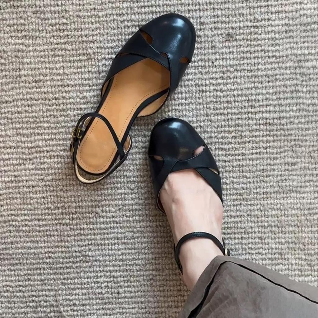 Sheepskin Version~ Retro Literary Summer Wear Leather Sandals Women's Low-heeled Hollowed-out Versatile Temperament Casual Roman Shoes