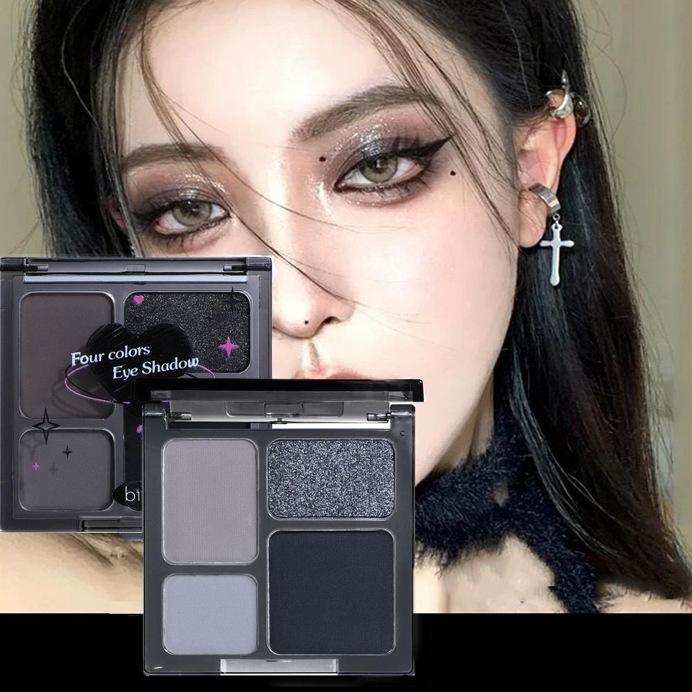 4 цвета, черная палитра теней для век, жемчужные матовые тонкие блестящие тени в стиле панк-гота для девочек, холодные тени для век