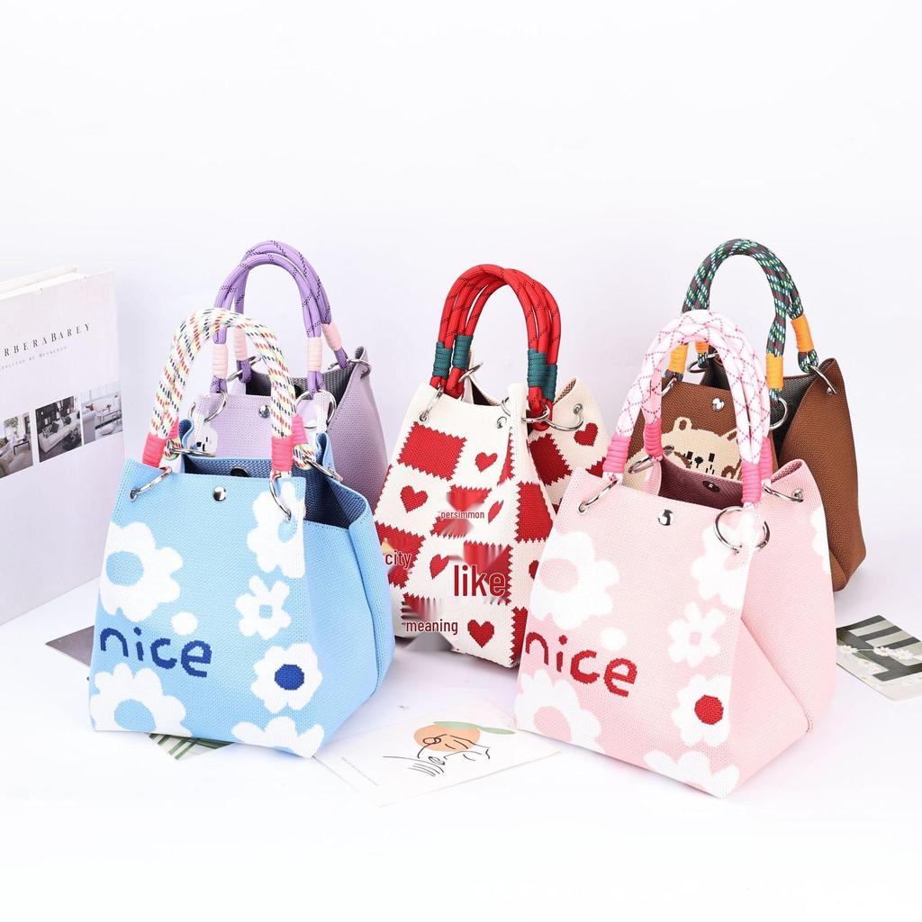 Korean-Style Cute Handbag with Magnetic Buckle, Large Capacity, Casual Woven Knit Bucket Bag for Work and Commute