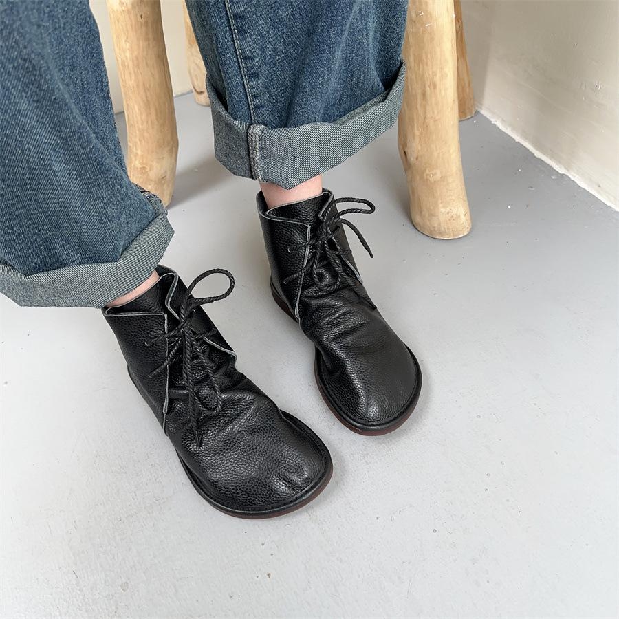 Johnature Женские короткие сапоги из натуральной кожи в стиле ретро, мягкие туфли на шнуровке из воловьей кожи, однотонные ботинки с круглым носком