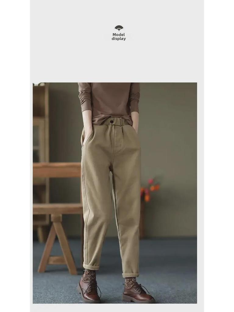 2025 Women's Elastic Waist Cotton Twill Harem Pants - Western Casual Style, Solid Color with Fashion Buttons