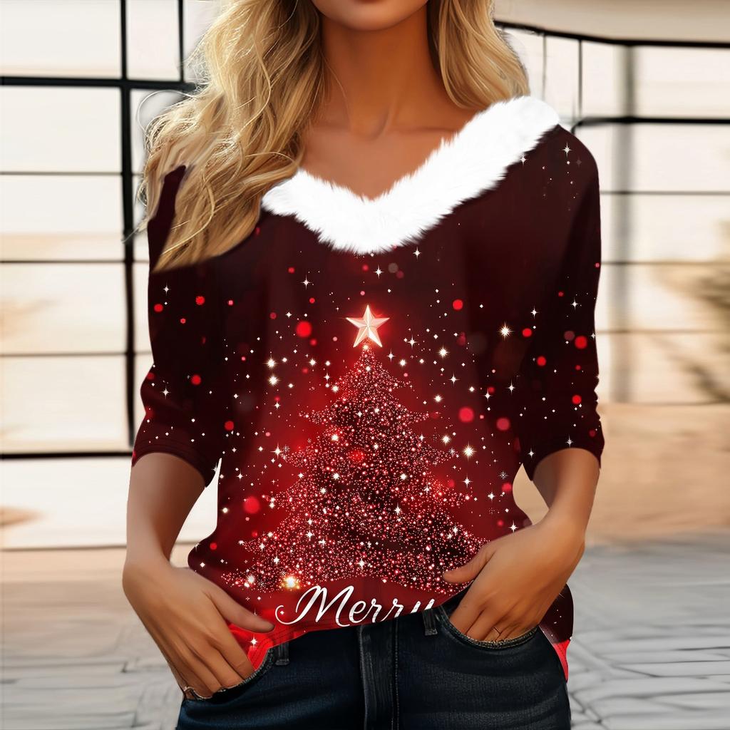Женская футболка с рождественским принтом, флисовый воротник с рукавом три четверти и V-образным вырезом на рождественской вечеринке