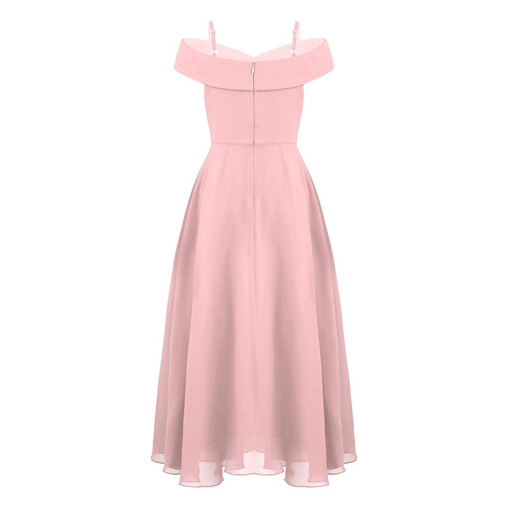 Kids Girls Elegant Chiffon Party Dress Off Shoulder Adjustable Strap Floor Length Evening Gown