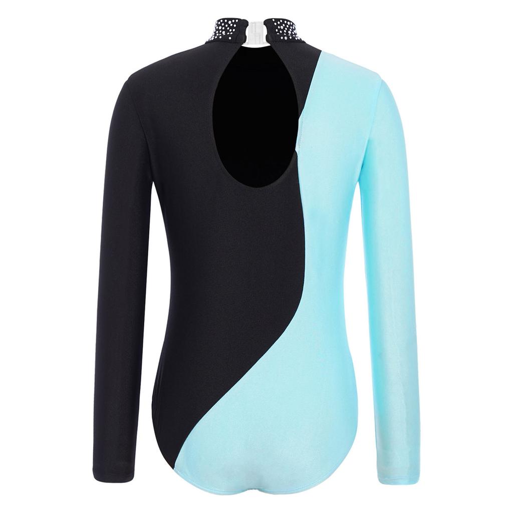 Girls Rhinestone Embellished Mock Neck Long Sleeve Leotard Color Block Keyhole Back Bodysuit for Stage Dance Figure Skating Competition