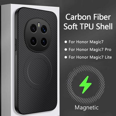Магнитный чехол из углеродного волокна для Honor Magic 7 Magic7 Pro Magic6 Lite Твердая матовая задняя крышка Защита камеры Противоударный чехол из ТПУ
