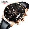 NIBOSI Men's Watch Leather Strap Chronograph Waterproof Brand Analog Business Wristwatch Stylish Casual Big Face Gentleman Luxury Gift Gold Black