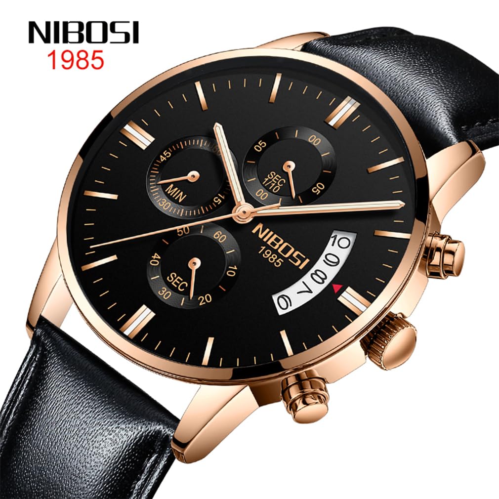 NIBOSI Men's Watch Leather Strap Chronograph Waterproof Brand Analog Business Wristwatch Stylish Casual Big Face Gentleman Luxury Gift Gold Black