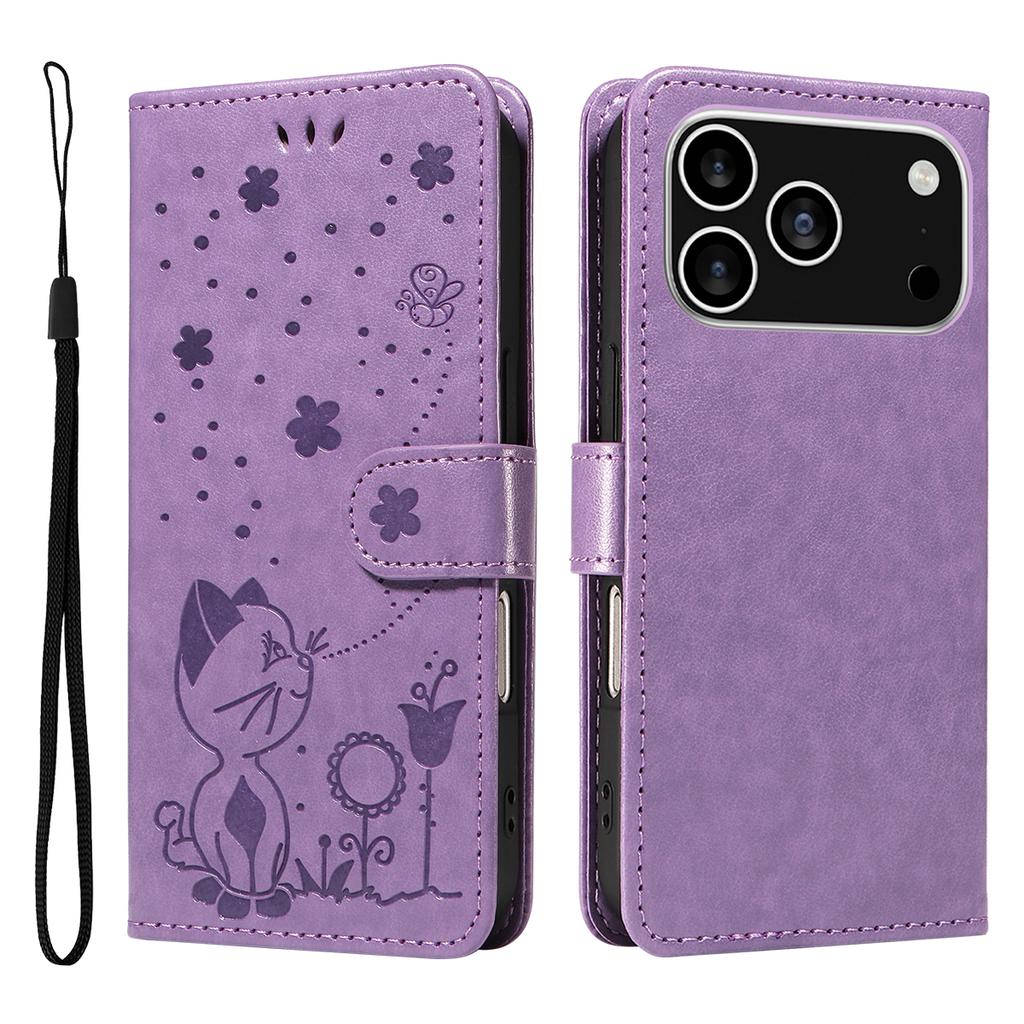 For iPhone 17 Pro Leather Wallet Case Cat Bee Pattern Phone Cover Stand