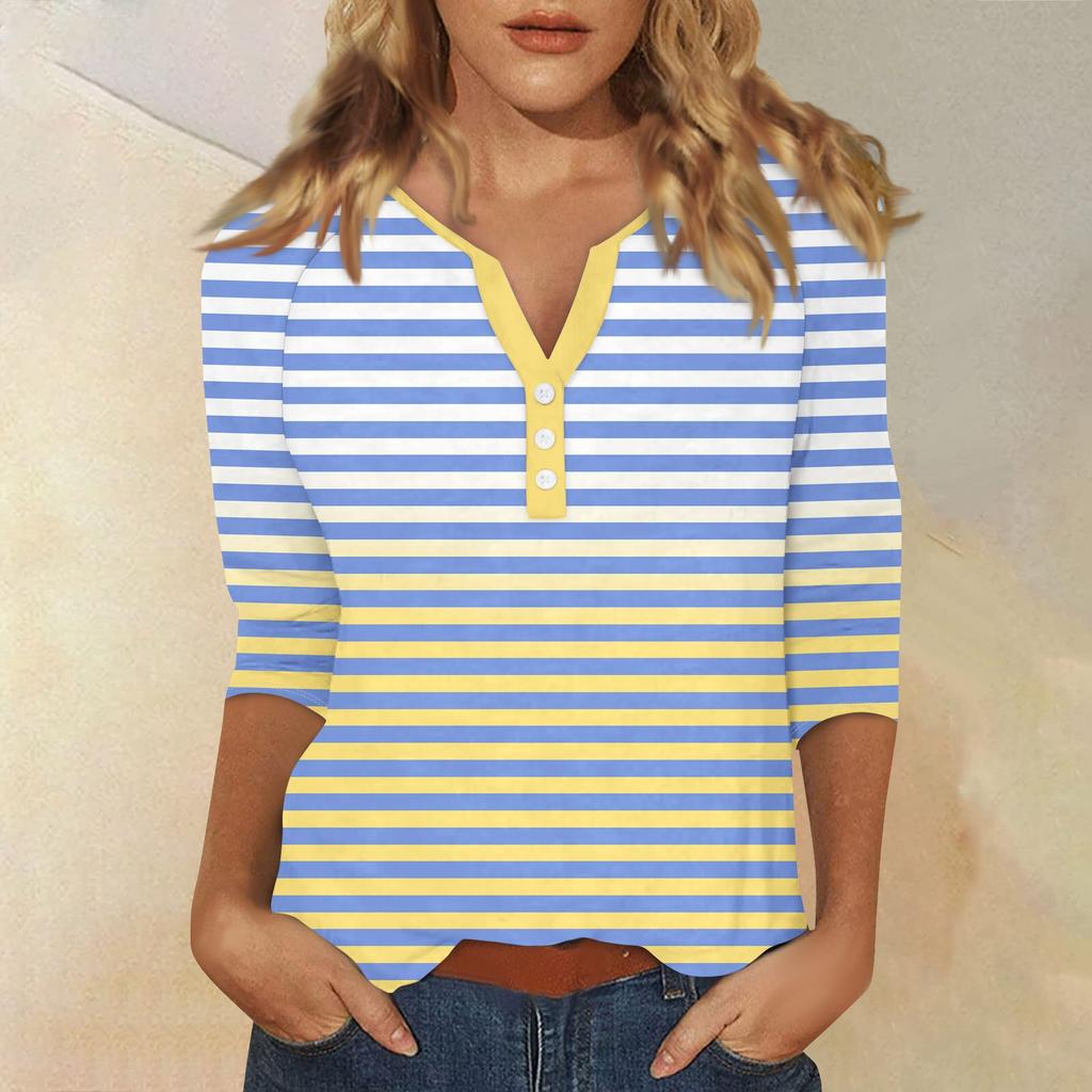 Жен. Футболка Футболка С принтом Пуговицы Рукав 3/4 Повседневные Выходные Мода Классический Классический V-образный вырез Обычный Верх