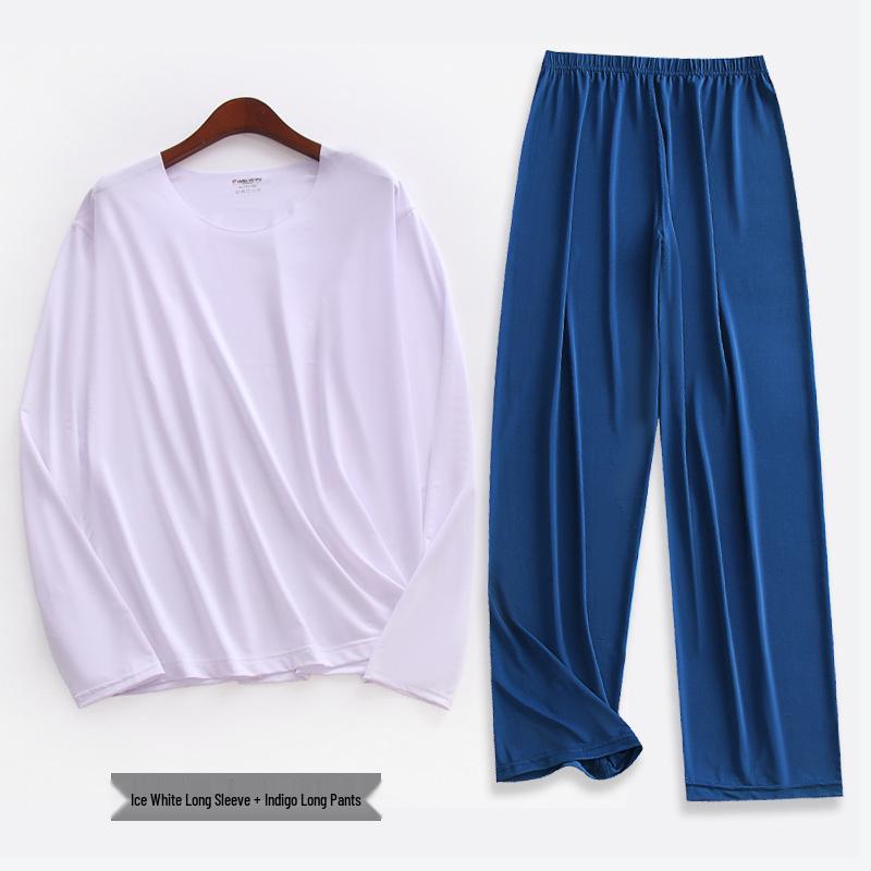 Liquid Ice Silk Ultra-Thin Men's Pajama Set - Spring/Summer Long Sleeve Top & 9/9 Length Pants, High Elastic Home Wear