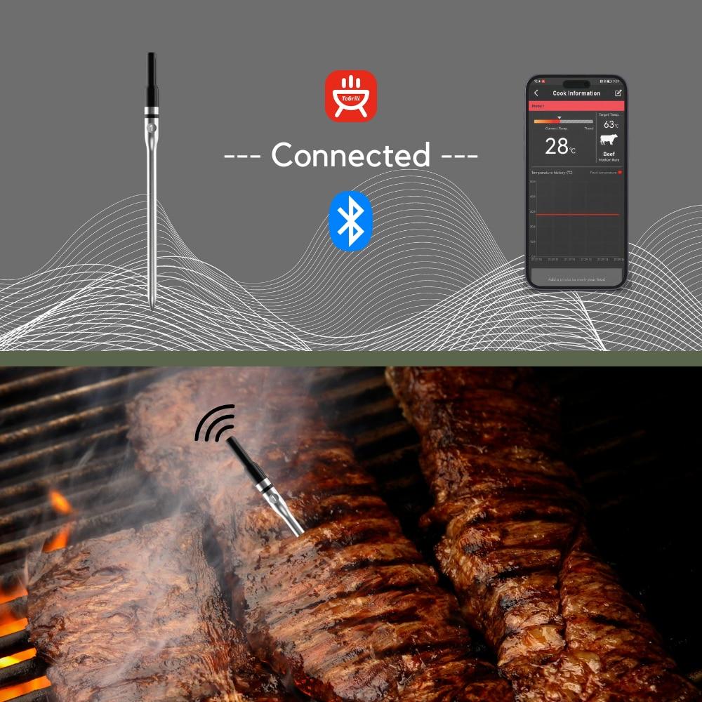 Беспроводной термометр для мяса Водонепроницаемый зонд Bluetooth Цифровой кухонный термометр с экраном отображения температуры и приложением