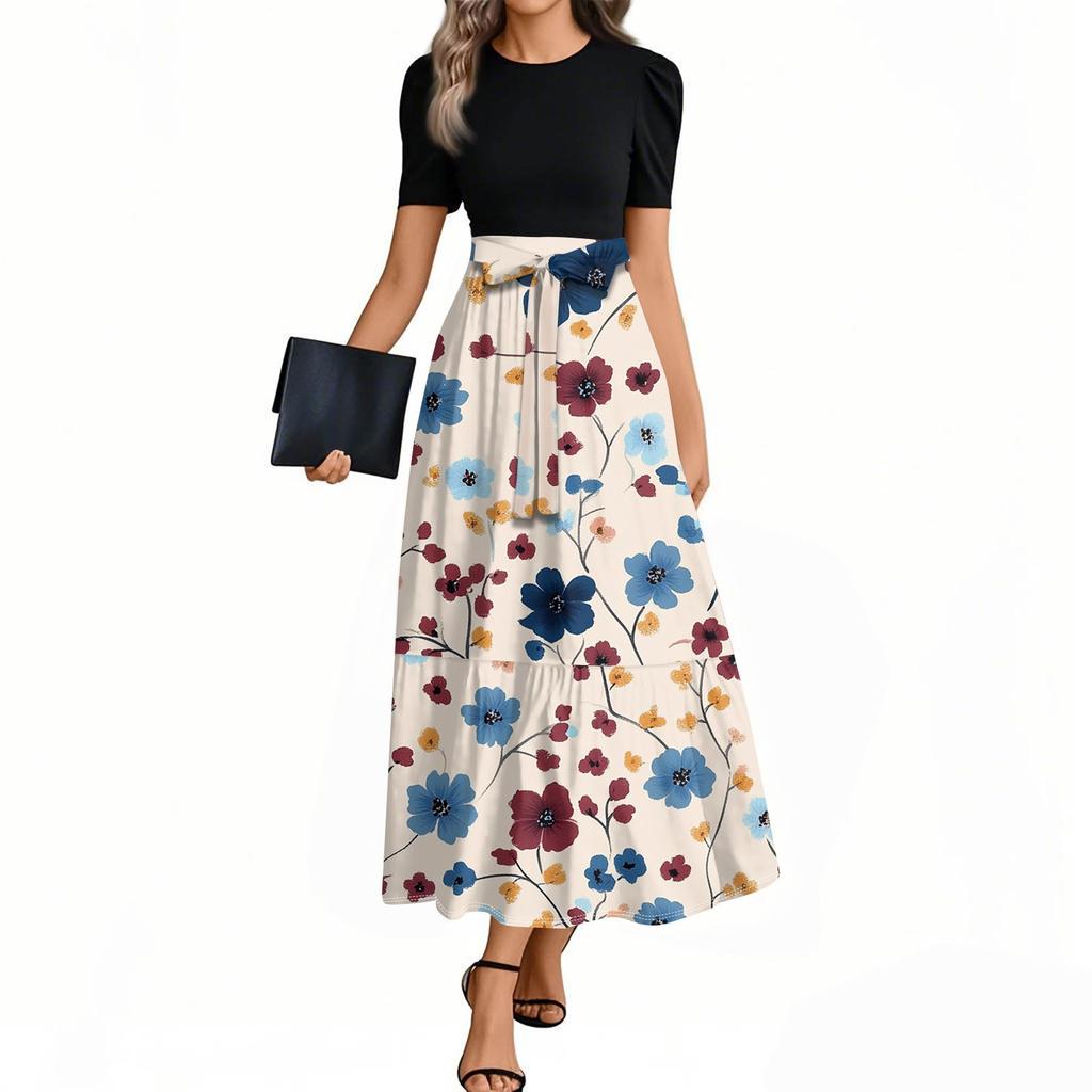 Женское элегантное модное повседневное платье с цветочным принтом и поясом, короткими рукавами и круглым вырезом