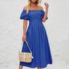 Women's Loose Long Off Shoulder Bubble Short Sleeved Pleated High Waisted Solid Color Dress