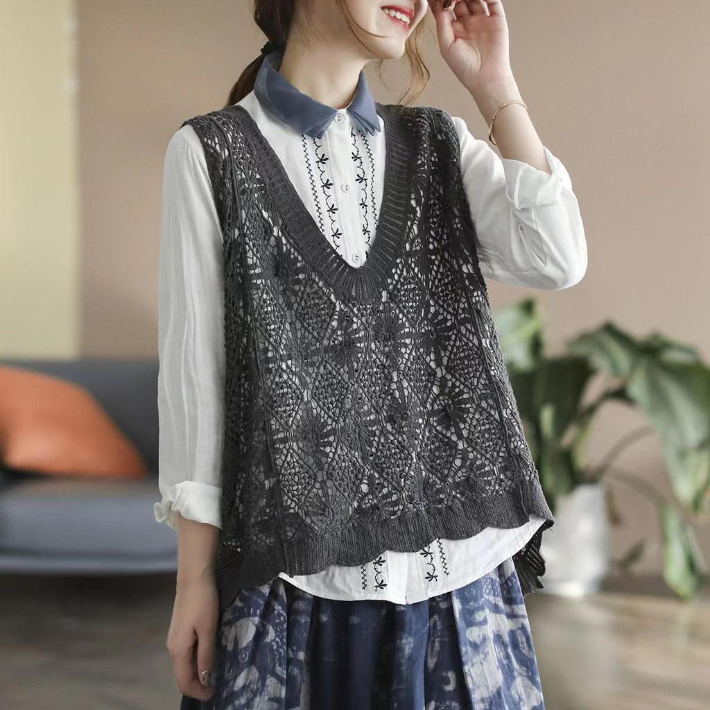 Женский ретро вязаный кардиган без рукавов: Ажурный жилет для весны, лета и осени - Свободный модный топ большого размера