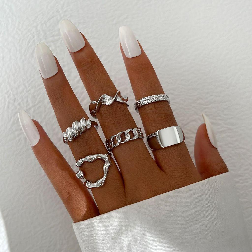 European & American Metal Texture Ring Set: Smooth, Exaggerated Geometric Open Rings for Women