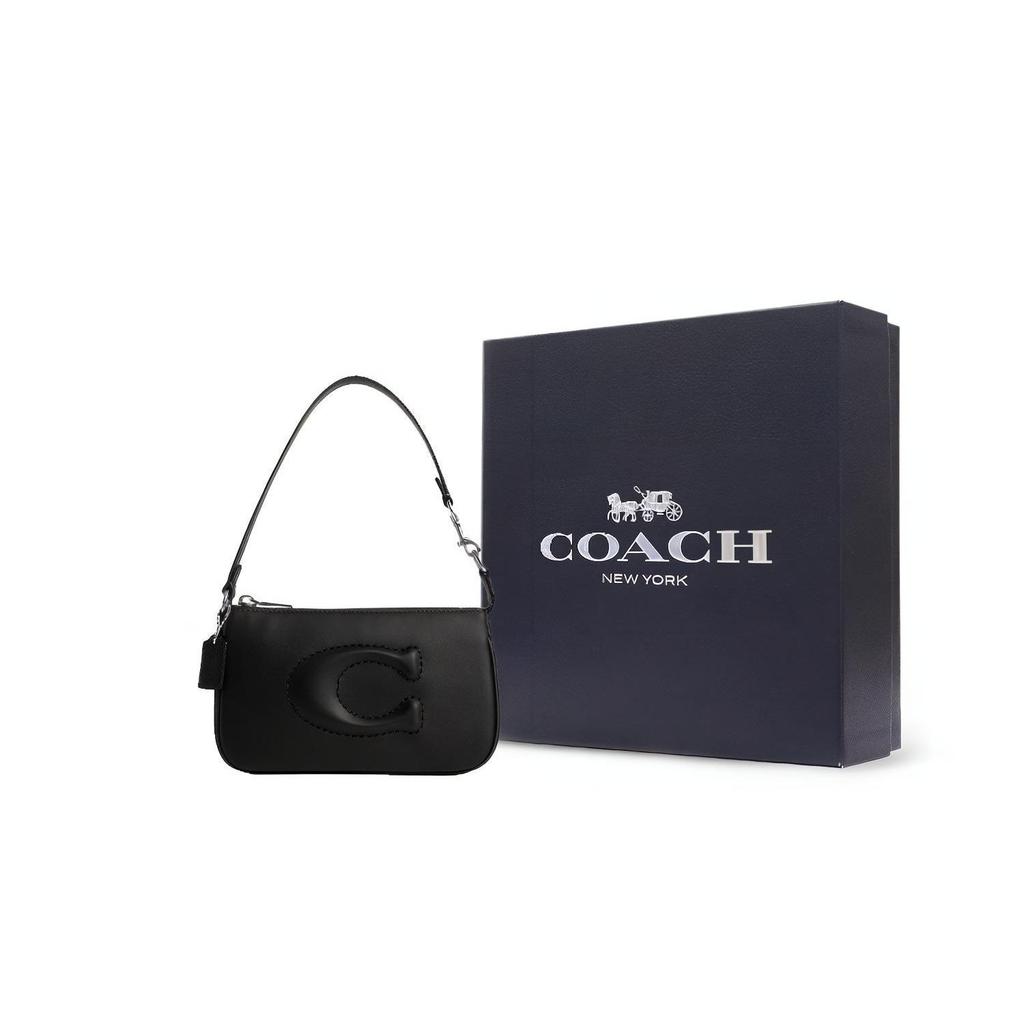 Coach Nolita 19 Сумка-тоут на плечо с логотипом и застежкой-молнией из гладкой кожи Маленькая женская сумка Черная CR364-SVBK