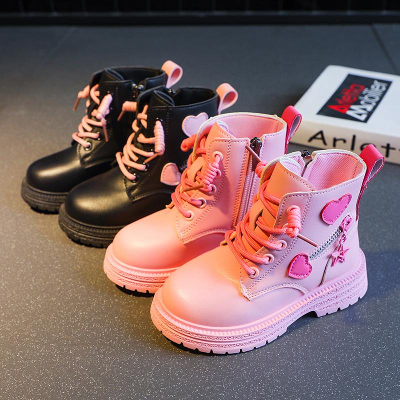 2024 New Pink Sweet Girls Short Boots Zipper PU Kids Fashion Causal Shoes Autumn Winter Versatile Soft Princess Black Child Shoe