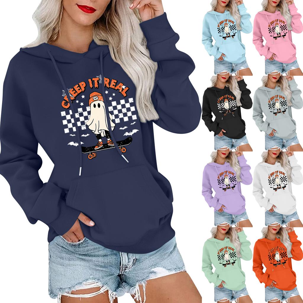 Women's Fashionable, Casual, Comfortable Round-neck, Hooded, Long-sleeved, Halloween-print Warm Sweater