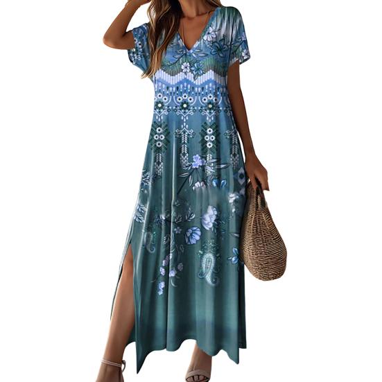 Women Summer Dress V Neck Colorful Print Side Split Loose A-line Short Sleeves Ankle Length Retro Ethnic Style Soft Beach Vacation Maxi Dress
