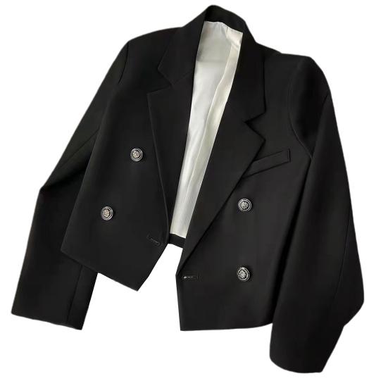 Spring Women Breasted Office Cropped Blazer Lapel Solid Color Long Sleeve Double Jacket Suit Coat