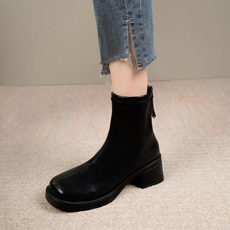 Мода 2024 Зима Новая модная верхняя одежда женские модные ботинки однотонные с молнией сзади толстые высокие каблуки голые ботинки для женщин