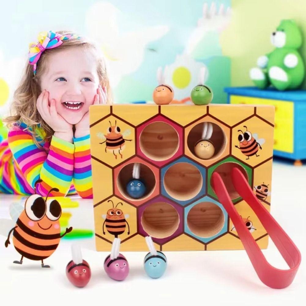 Wooden Early Education Beehive Game Color Sorting Clamp Bee To Hive Toy  Color Cognition