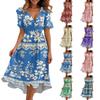 Women's Loose Casual V-Neck Flared Skirt Short Sleeved Printed Dress Printed Dress