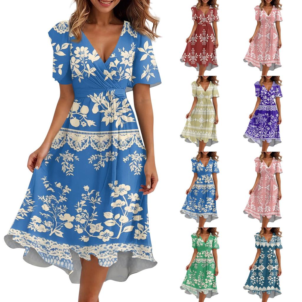 Women's Loose Casual V-Neck Flared Skirt Short Sleeved Printed Dress Printed Dress