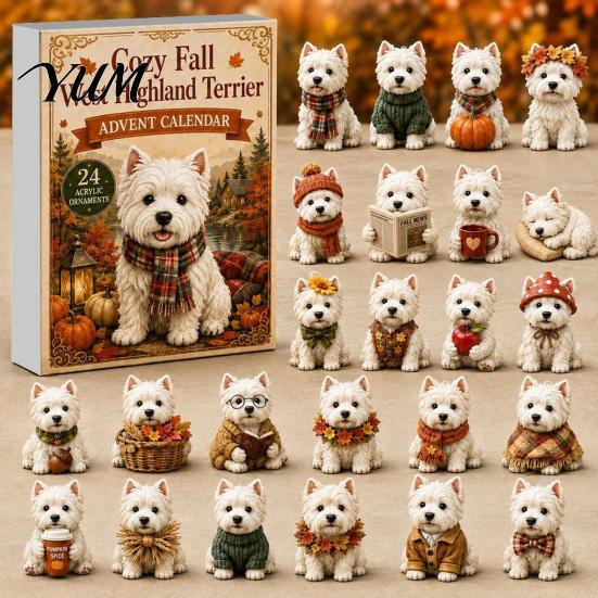 Cute Animal Desk Ornaments 24 Days Dog Advent Calendar 2026, 2D Acrylic Puppy Christmas Pajamas Series Hanging Pendants Countdown Calendar,