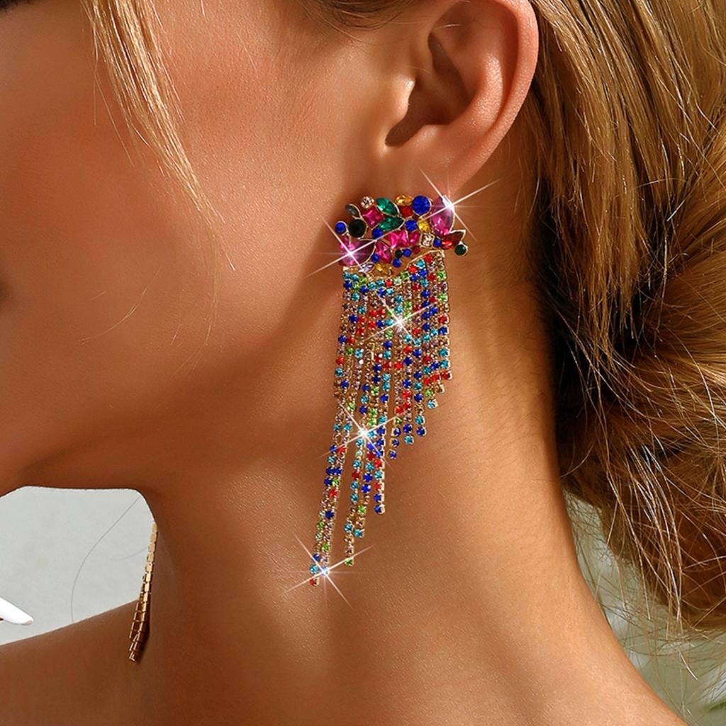 2PC Women's Fashion Copper Inlaid Diamond Claw Chain Exaggerated Tassel Earrings Jewelry Suitable for Date, Party, Festival Gift