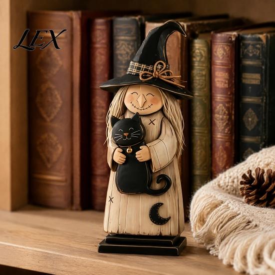 Festival Atmosphere Decorative Accents Wooden Witch Ornament, Retro Halloween Figurine with Broom/Pumpkin/Black Autumn Seasonal Decorations for Mantle