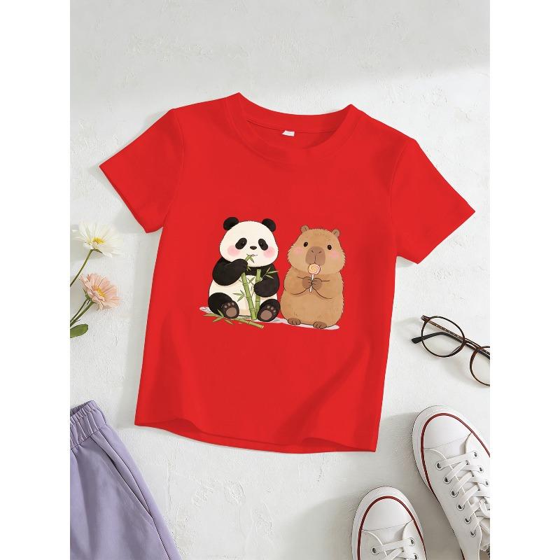 European sizes Girls' Short-Sleeve Capybara Panda T-Shirt, Kids' Crew Neck Breathable Skin-Friendly Top, Korean Style Ins-Inspired Wrinkle-Resistant