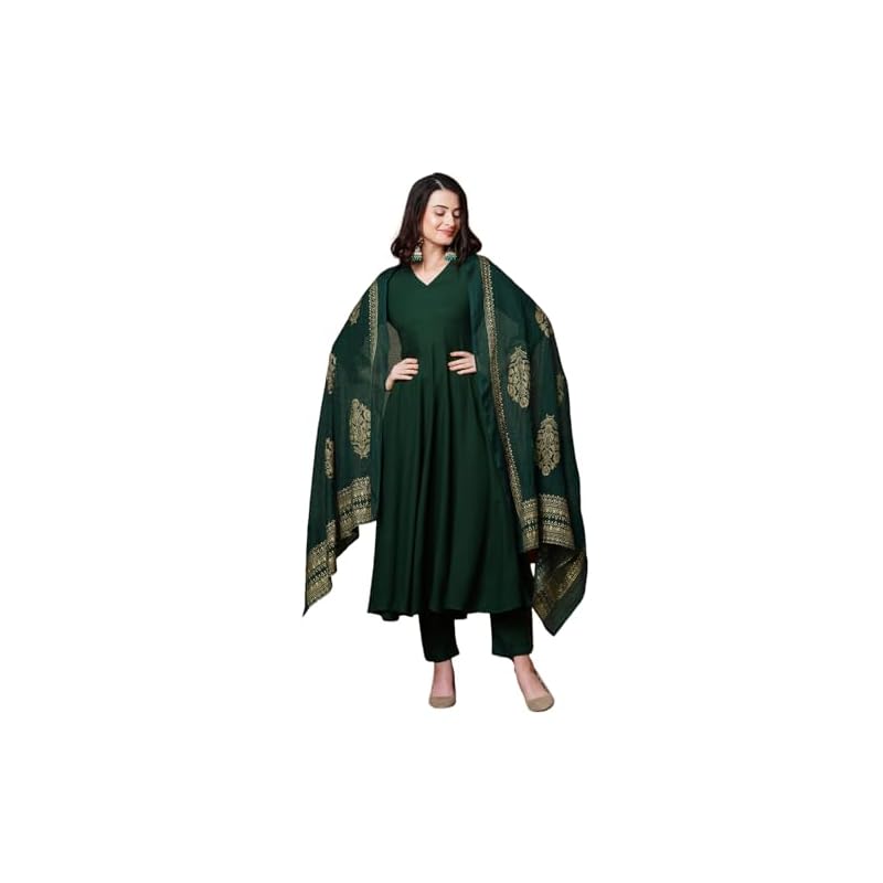 GoSriKi Women's Rayon Blend Solid Anarkali Kurta with Pant & Dupatta (Magic-Green-NDM-GS_M_Green_Medium)