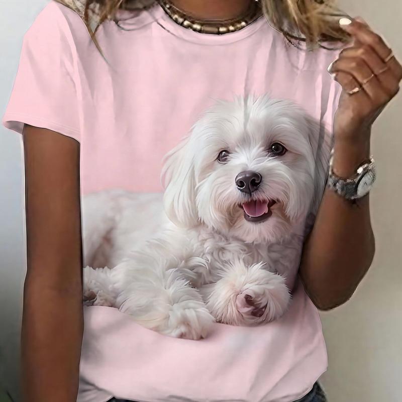 Women Cute White Puppy Dog 3D Print Casual Crew Neck Summer T-shirt