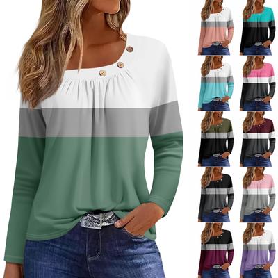 Блузки с длинным рукавом для женщин, повседневная рубашка на пуговицах с круглым вырезом, однотонная блузка, топы, свободная посадка, осенняя рубашка, топ