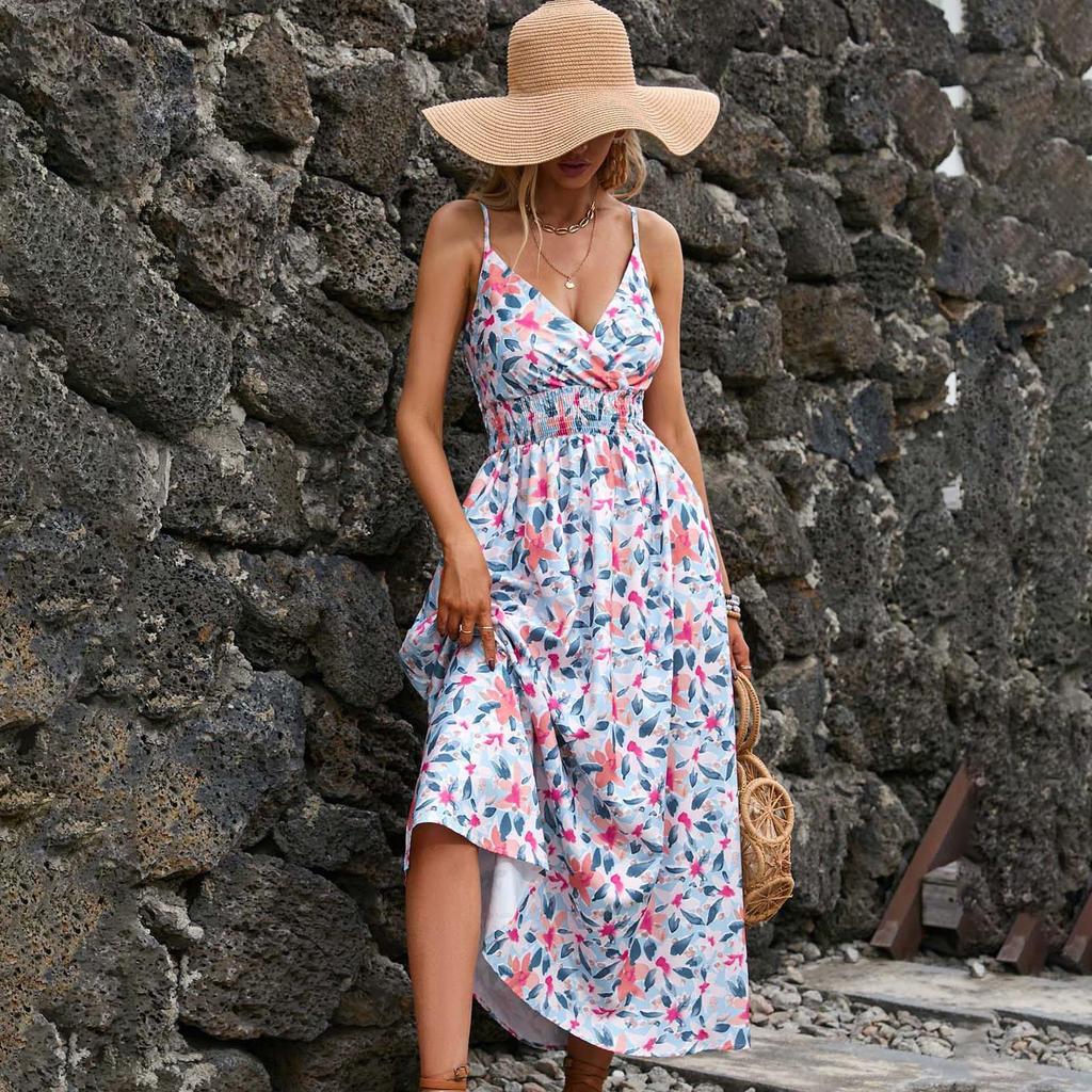 Женское летнее платье без рукавов с этническим принтом и высокой талией на шнуровке