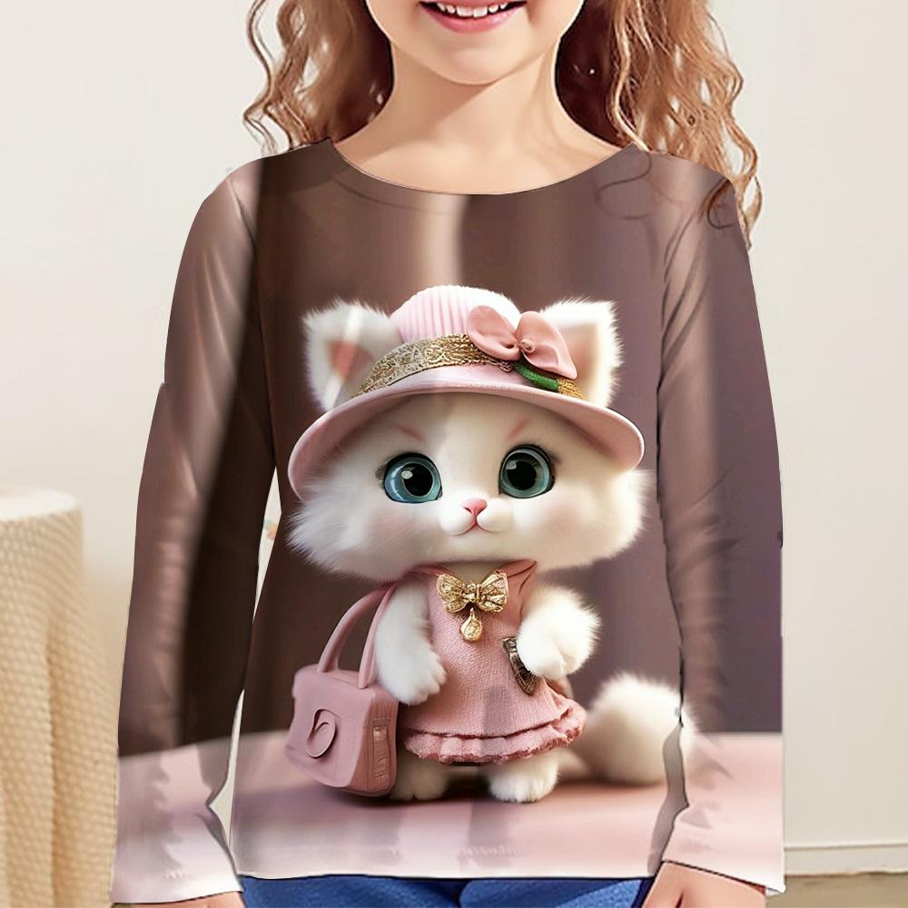 Одежда для девочек Футболка с котами Футболки с длинным рукавом Футболки с девчачьим принтом Топы Детская одежда Модная принтовая летняя одежда для девочек