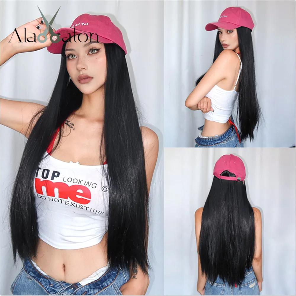 ALAN EATON Long Black Synthetic Wigs with Baseball Hat Removable Silk Straight Wig for Women Smooth Natural Realistic Wig Heat Resistant