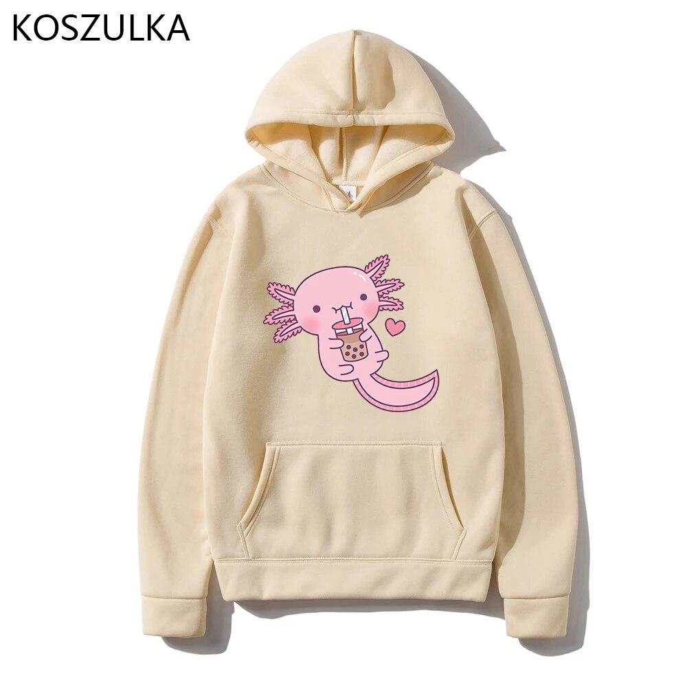 Забавные женские милые толстовки с капюшоном «Аксолотль любит пузырьковый чай» Толстовка с принтом Свободная толстовка с капюшоном большого размера с мультяшным принтом Уличная одежда Розовая одежда
