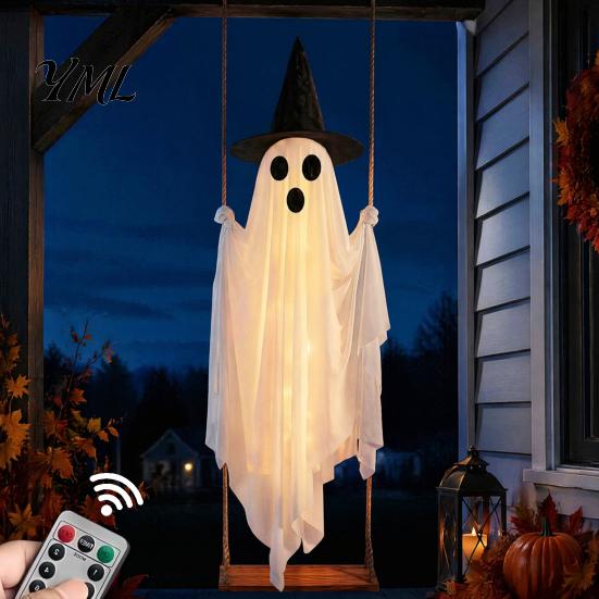 Decorative Ghost for Front Porch Luminous Halloween Hanging Swing with Witch Hat, Remote-controlled Adjustable Creepy Ornaments Brightness,