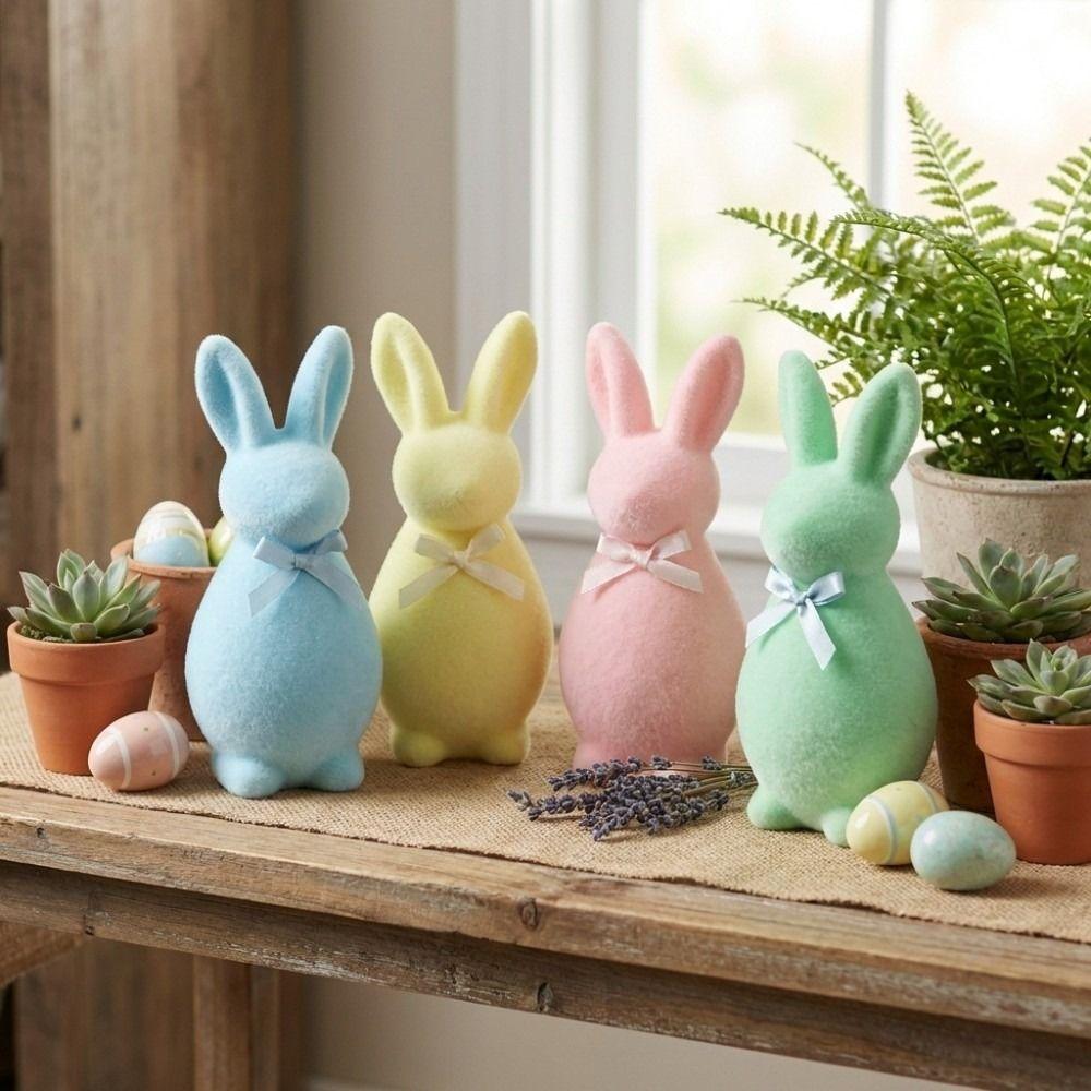 Plush Easter Bunny Statue with Bow Rabbit Gnome Doll Easter Holiday Bunny Sculpture Indoor Table