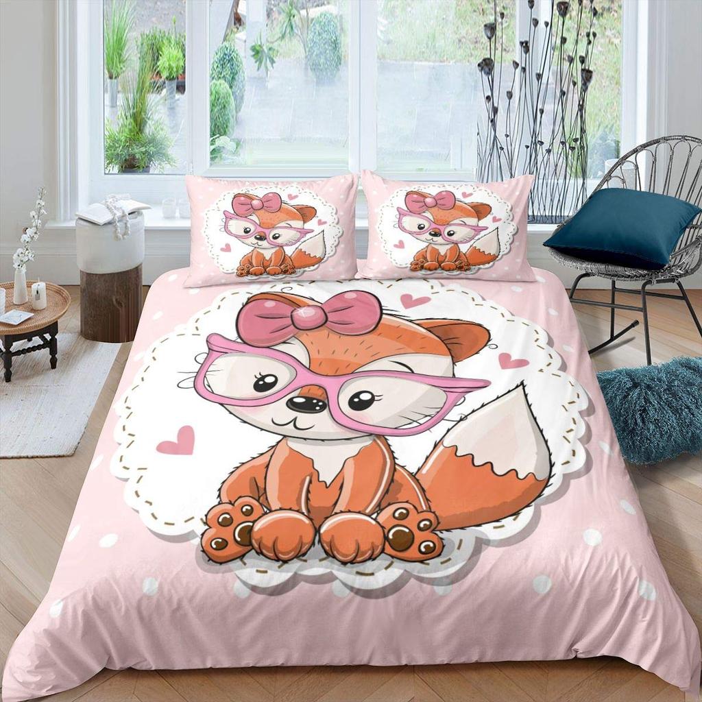Girls Cartoon Fox Duvet Cover Set Cute Fox Bedding Set Kawaii Animals Comforter Cover Botanical Floral Bedspread Cover Full Size