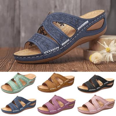 Женские повседневные наклонные тапочки с вышивкой, ортопедические сандалии на толстой платформе