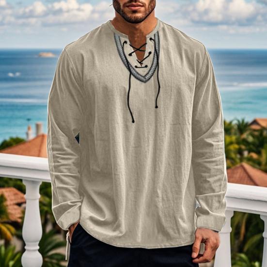 Мужская повседневная рубашка со шнуровкой и V-образным вырезом, свободный крой, длинные рукава, винтажная этническая рубашка в стиле бохо, весна-осень, дышащая хлопковая мужская толстовка, топ
