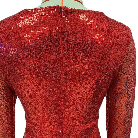 Women Evening Dress Sequin Deep V Neck Long Sleeves Slim Fit Fishtail Hem Sequin Floor Length