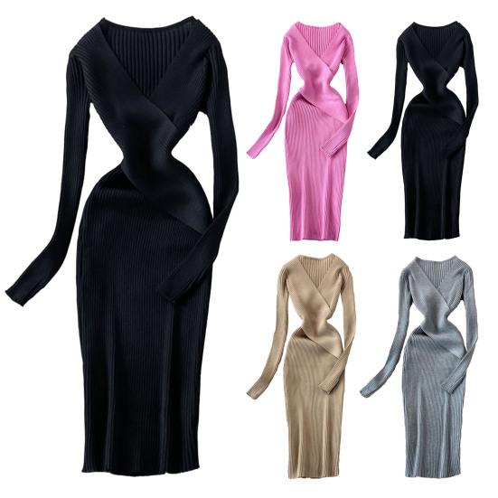 Женское осенне-весеннее платье трикотажное облегающее эластичное полосатое платье с V-образным вырезом в винтажном сплошном цвете с узкой талией противоусадочное платье-футляр миди с длинным рукавом вечерние