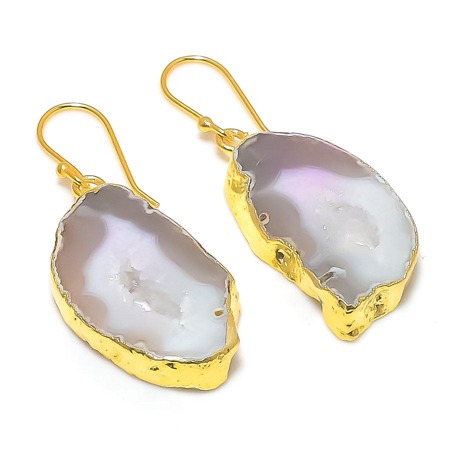 Agate Geode Slice Gemstone 925 Sterling Silver Jewelry Earring 1.97" GK-6710