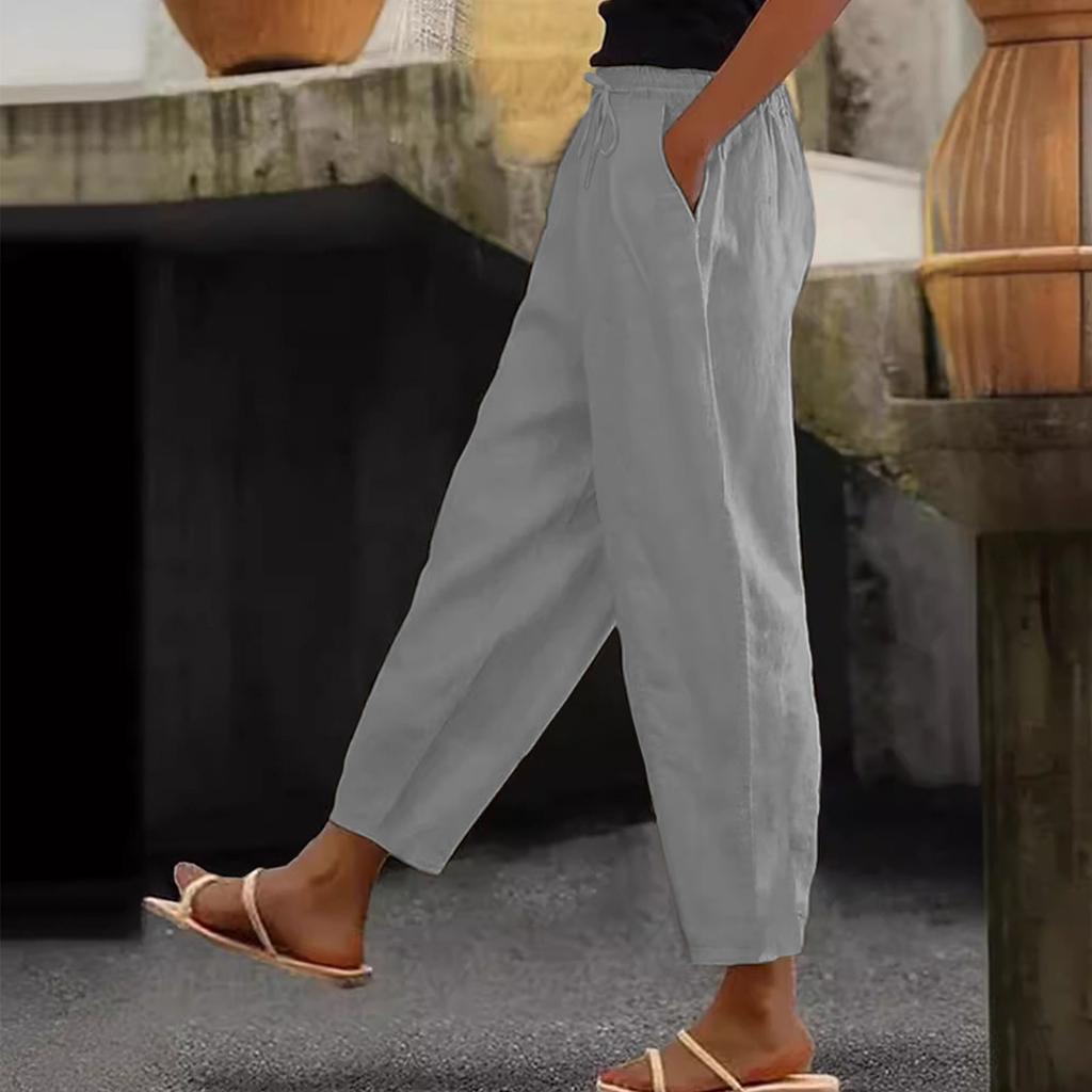 Women's Fashion Loose Cotton Linen Solid Color Casual Side Pocket Elastic Drawstring Trousers