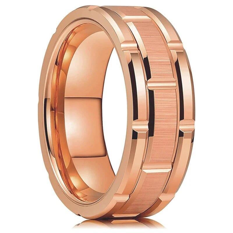 Fashion Men's 8mm Gold Color Groove Beveled Edge Tungsten Wedding Carbon Fiber Ring Punk Gear Wheel Stainless Steel Ring For Men