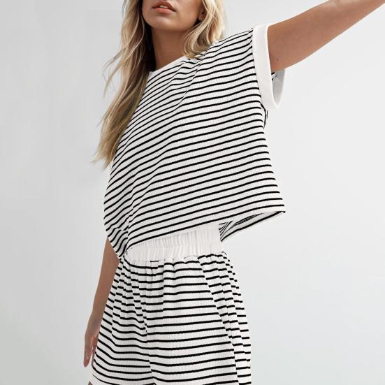 Женский комплект из 2 предметов для отдыха, полосатая рубашка с коротким рукавом и шорты, летний повседневный ребристый спортивный костюм, подходящий комплект